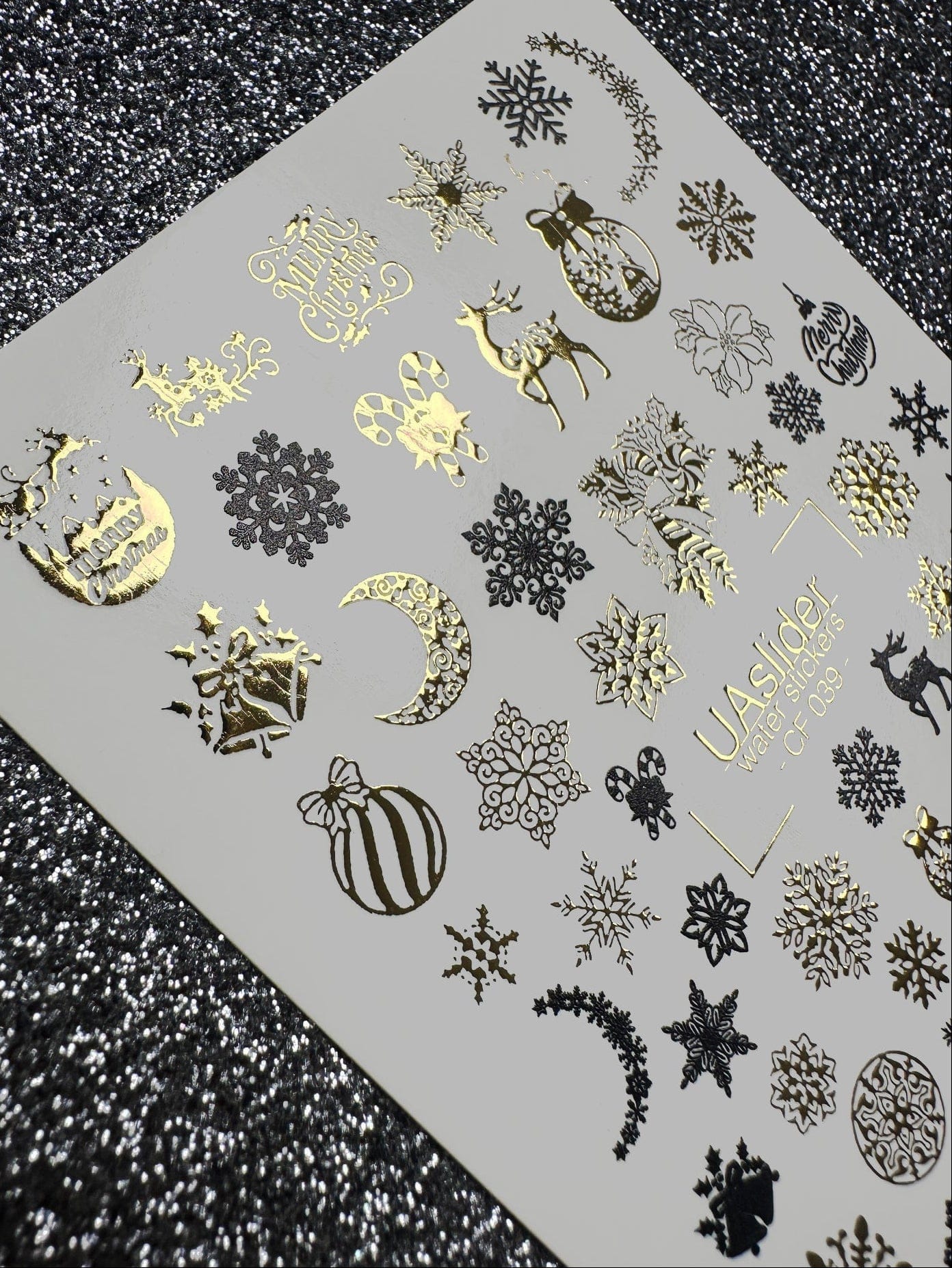 UA Slider 2D Nail Decal CF-039 Gold & Black Snowflake Christmas Water Decals, reindeer and ornaments