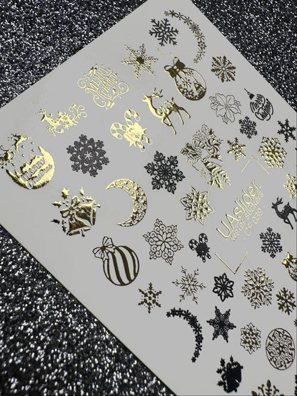UA Slider 2D Nail Decal CF-039 Gold & Black Snowflake Christmas Water Decals, reindeer and ornaments
