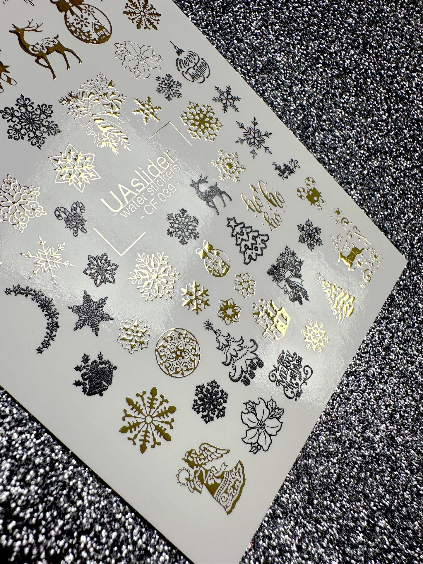 UA Slider 2D Nail Decal CF-039 Gold & Black Snowflake Christmas Water Decals, reindeer and ornaments