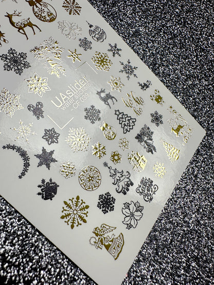 UA Slider 2D Nail Decal CF-039 Gold & Black Snowflake Christmas Water Decals, reindeer and ornaments