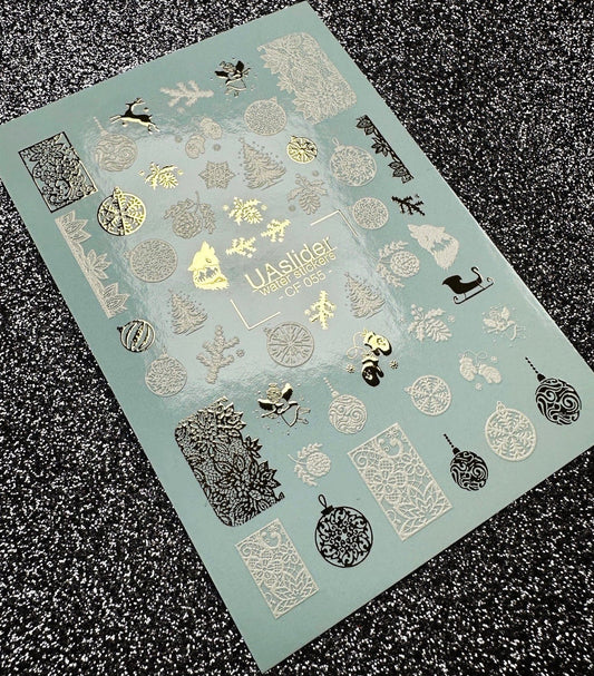 UA Slider 2D Nail Decal CF-055 Gold & White Christmas Ornament Water Decals  Luxury Winter Nail Art
