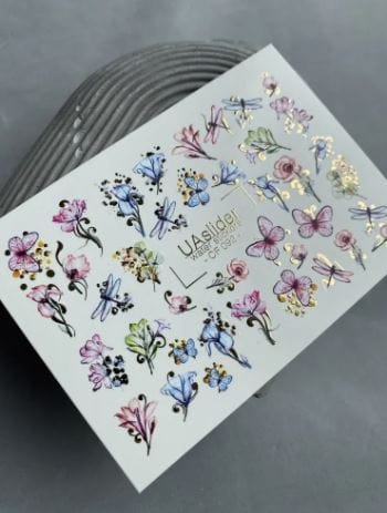 UA Slider 2D Nail Decal CF-092 Nail Decal Gold FOIL/ Garden/ Pastel Flowers/ Gold Butterflies/ Spring Nail Art