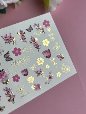 UA Slider 2D Nail Decal CF-104 Nail Water Decal Gold FOIL/ Sakura Nails/ Japanese/ Cherry Blossom/ Butterfly/ Romantic Nails