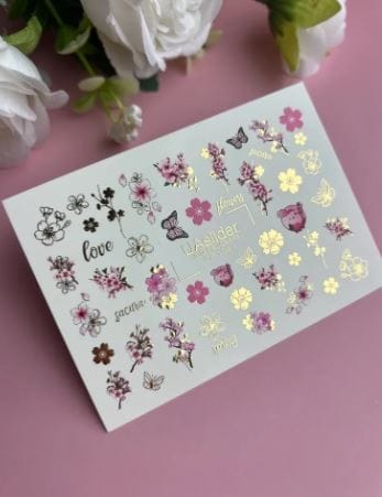 UA Slider 2D Nail Decal CF-104 Nail Water Decal Gold FOIL/ Sakura Nails/ Japanese/ Cherry Blossom/ Butterfly/ Romantic Nails
