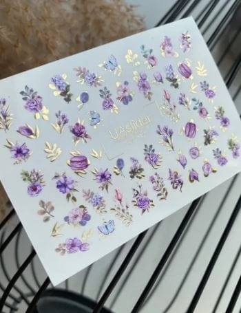 UA Slider 2D Nail Decal CF-117 Nail Water Decal Gold FOIL/ Lavender/ Floral/  Purple Flowers / Botanical Nails/ Butterfly Nails