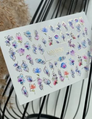 UA Slider 2D Nail Decal CF-120 Nail Water Decal Gold FOIL/ Watercolor Flowers/ Floral Decals/ Watercolor Floral/ Pink, Blue & Purple Flowers with Gold Accents