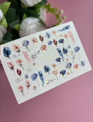 UA Slider 2D Nail Decal CF-139 Nail Water Decal Gold FOIL/Vintage Floral Nail Decals / Blue & Blush / Watercolor Flowers/