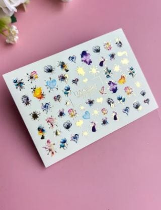 UA Slider 2D Nail Decal CF-144 Nail Water Decal Gold FOIL/ Ink Splash/ Purple Hearts/ Florals/  Hearts/ Butterflies/