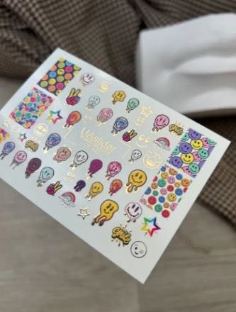 UA Slider 2D Nail Decal CF-147 Nail Water Decal Gold FOIL/ Smiley Face/ Retro-style/ Stars/ Rainbow dots/ Fun Nails
