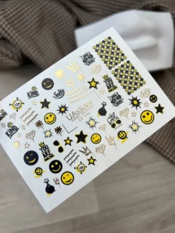 UA Slider 2D Nail Decal CF-148 Nail Decal Gold FOIL/ Yellow Smile Face/ Retro/ Pop Art/ Stars/ Crowns/Graffiti /Text Gold Geometric Accents/ Water Stickers
