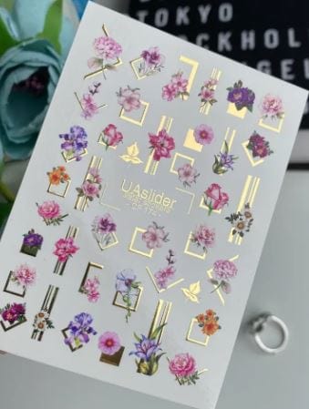 UA Slider 2D Nail Decal CF-174 Nail Water Decal Gold FOIL/ Flowers/Modern Gold Frame Flower /Elegant/Botanical/ Feminine