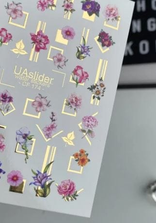 UA Slider 2D Nail Decal CF-174 Nail Water Decal Gold FOIL/ Flowers/Modern Gold Frame Flower /Elegant/Botanical/ Feminine