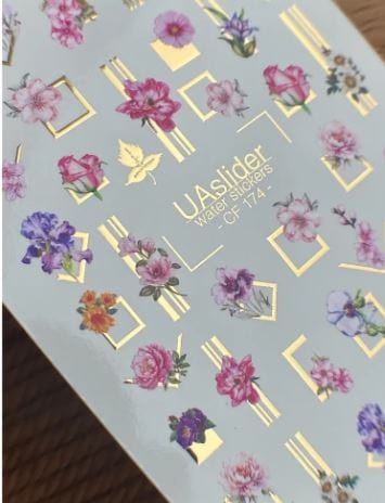 UA Slider 2D Nail Decal CF-174 Nail Water Decal Gold FOIL/ Flowers/Modern Gold Frame Flower /Elegant/Botanical/ Feminine