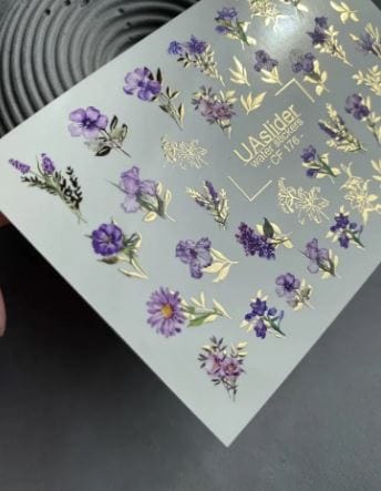 UA Slider 2D Nail Decal CF-176 Nail Water Decal Gold FOIL/ Flowers/Purple floral/ Romantic/ Spring / Floral nails/ Gold Leaf