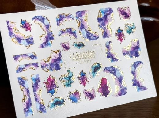 UA Slider 2D Nail Decal CF-219 Nail Water Decal Gold FOIL/ Abstract Ink /Marble/Purple & Blue / Swirl Design/ Foil Swirls