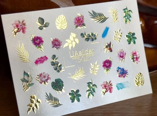 UA Slider 2D Nail Decal CF-220 Nail Decal Gold FOIL/Foliage/ Leaves/ Tropical Leaves / Gold Foil Accents