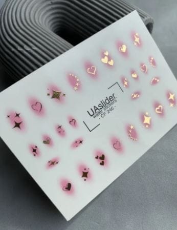 UA Slider 2D Nail Decal CF-246 Nail Water Decal Gold FOIL/Pink Aura Glow / Gold Heart/ Stars and Sparkles/Korean Nail Trends