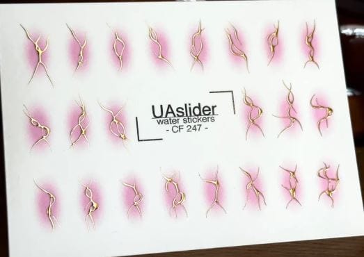UA Slider 2D Nail Decal CF-247 Nail Water Decal Gold FOIL/ Pink Airbrush / Abstract Gold/ Metallic gold abstract shapes /