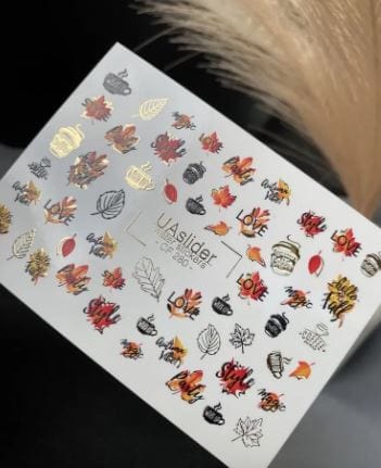 UA Slider 2D Nail Decal CF-280 Nail Water Decal Gold FOIL/ Fall /Leaves/ Cozy Autumn/ Colorful Maple Leaves/ Acorns/ Coffee Cup