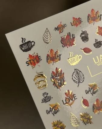 UA Slider 2D Nail Decal CF-280 Nail Water Decal Gold FOIL/ Fall /Leaves/ Cozy Autumn/ Colorful Maple Leaves/ Acorns/ Coffee Cup