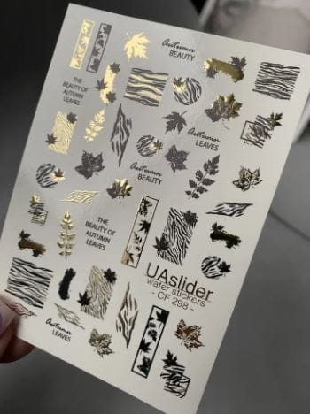 UA Slider 2D Nail Decal CF-298 Nail Water Decal Gold FOIL/ Autumn Leaves/ Fall/ Zebra Print / Gold French Tip / Zebra stripe design