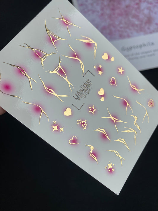UA Slider 2D Nail Decal CF-301 Nail Decal Gold FOIL/ Abstract / Silhouette / Blush/  Pink Airbrush, Gold Foil Romantic/ Water Stickers