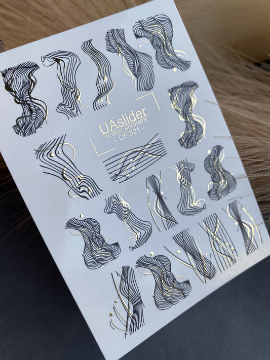 UA Slider 2D Nail Decal CF-321 Nail Decal Gold FOIL/ Abstract Line Art/ Swirls/ Gold Foil Accents/ Luxury Modern/Water Stickers