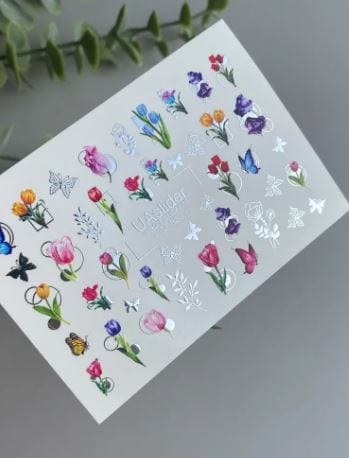 UA Slider 2D Nail Decal CF-383 Nail Decal Gold FOIL/Tulips/ Butterflies /Spring Nails/ Flowers with Gold Foil Accents