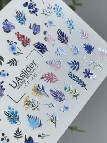 UA Slider 2D Nail Decal CF-406 Nail Water Decal Silver FOIL/ Foliage/ Leaves/ Pastel Leaves/ Florals & Berries