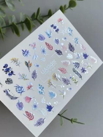 UA Slider 2D Nail Decal CF-406 Nail Water Decal Silver FOIL/ Foliage/ Leaves/ Pastel Leaves/ Florals & Berries