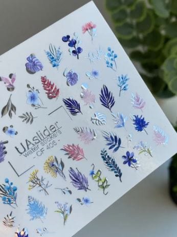 UA Slider 2D Nail Decal CF-406 Nail Water Decal Silver FOIL/ Foliage/ Leaves/ Pastel Leaves/ Florals & Berries