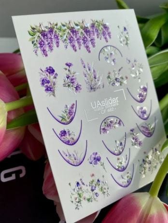 UA Slider 2D Nail Decal CF-462 Nail Water Decal Gold FOIL/ Floral French Tip /Lavender Garden/ Purple Floral