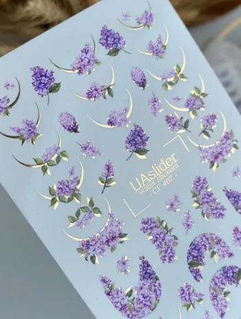 UA Slider 2D Nail Decal CF-487 Spring Gold Foil Nail Water Decal / Lilac Flower / Spring Nails / Purple Floral Moons / Botanical Clusters/French Tips