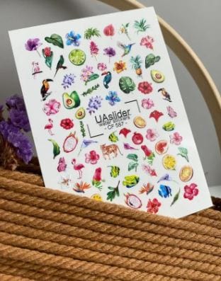 UA Slider 2D Nail Decal CF-587 Nail Water Decal Gold FOIL/ Tropical Fruit/ Floral/ Avocados/ Limes/ Hummingbirds