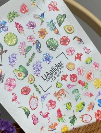 UA Slider 2D Nail Decal CF-587 Nail Water Decal Gold FOIL/ Tropical Fruit/ Floral/ Avocados/ Limes/ Hummingbirds
