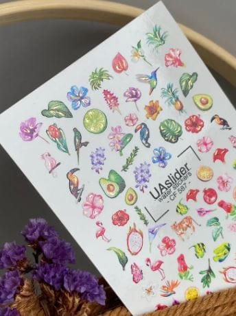 UA Slider 2D Nail Decal CF-587 Nail Water Decal Gold FOIL/ Tropical Fruit/ Floral/ Avocados/ Limes/ Hummingbirds