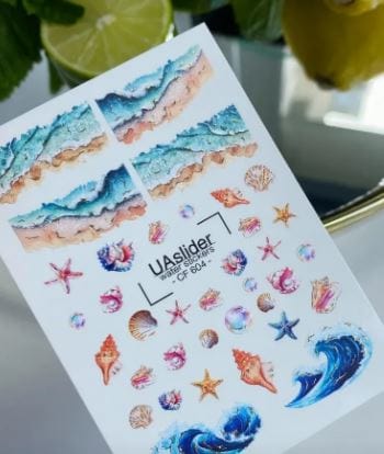 UA Slider 2D Nail Decal CF- 604 Spring Gold Foil Nail Water Decal /Ocean Wave/  Seashell /Nail Decals/ Beach Water Art Set