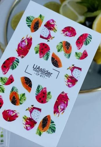 UA Slider 2D Nail Decal CF-611 Nail Water Decal Gold FOIL/ Exotic Fruits/ Dragon Fruit/ Papaya/ Watermelon Slices/ Tropical Nails