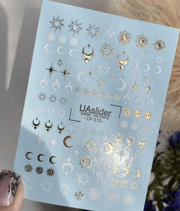 UA Slider 2D Nail Decal CF-615 Celestial Sun & Moon Nail Art Water Decals, Geometric Symbols – Gold & White