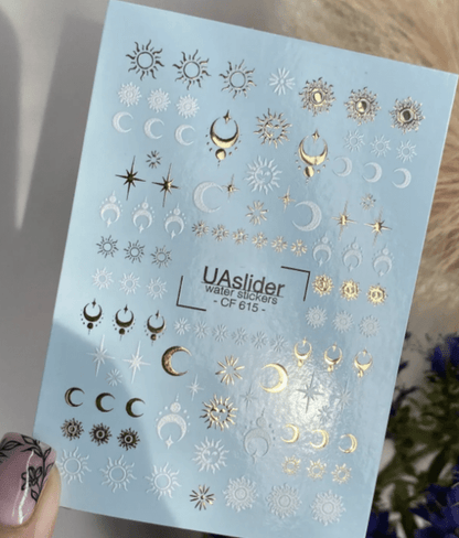UA Slider 2D Nail Decal CF-615 Celestial Sun & Moon Nail Art Water Decals, Geometric Symbols – Gold & White