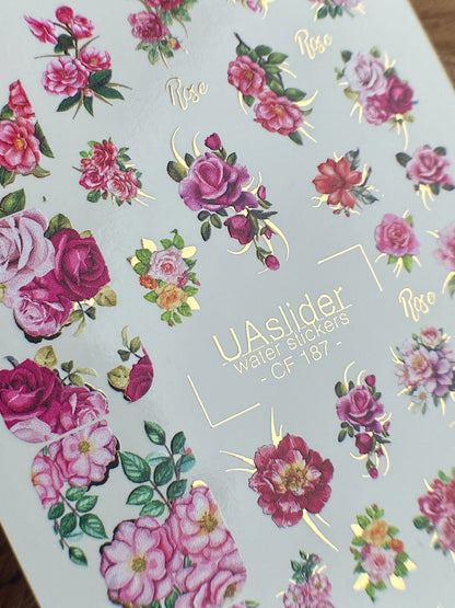 Spring Gold Foil Nail Water Decal / Roses / Spring Nails