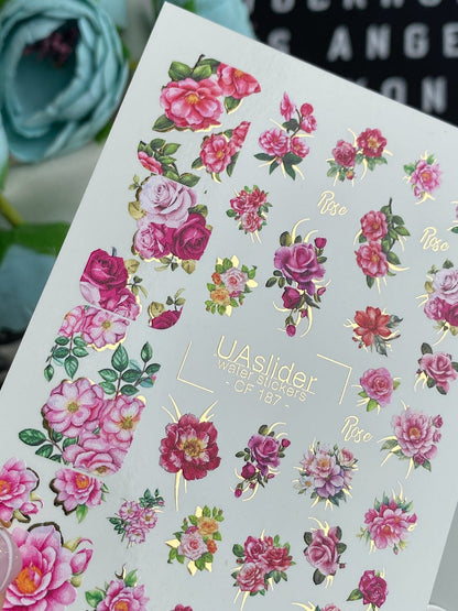 Spring Gold Foil Nail Water Decal / Roses / Spring Nails