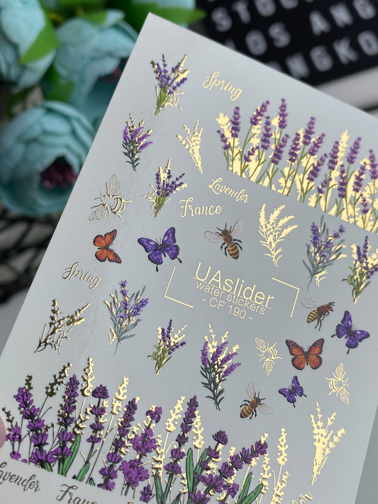 Spring Gold Foil Nail Water Decal / Butterflies / Lavender / Floral Spring Nails