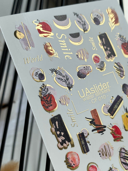 UA Slider 2D Nail Decal CF-010 Abstract Botanical Gold Foil Nail Decals