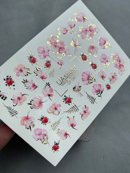 Spring Gold Foil Nail Water Decal / Flowers / Ladybug / Spring Nails
