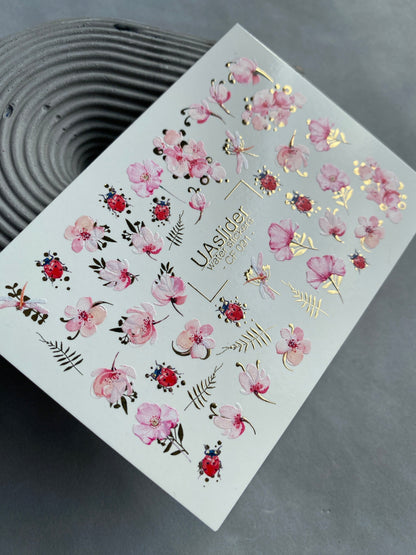 Spring Gold Foil Nail Water Decal / Flowers / Ladybug / Spring Nails