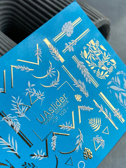 UA Slider 2D Nail Decal CF-103 Nail Water Decal Gold FOIL/Minimalist/ Botanical & Geometric Design, Gold Foil Abstract / Nail Art /Water Stickers