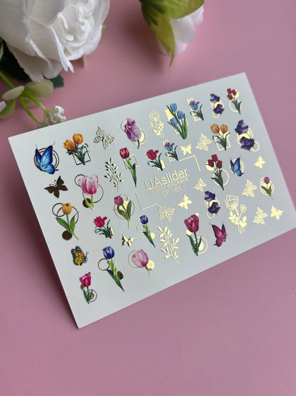 Spring Gold Foil Nail Water Decal / Tulips / Flowers / Spring Nails
