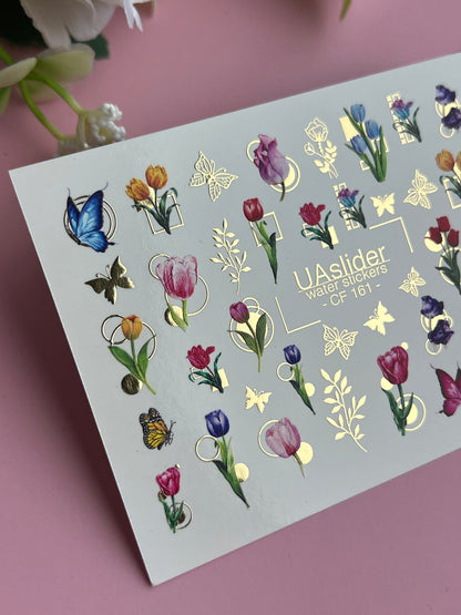 Spring Gold Foil Nail Water Decal / Tulips / Flowers / Spring Nails