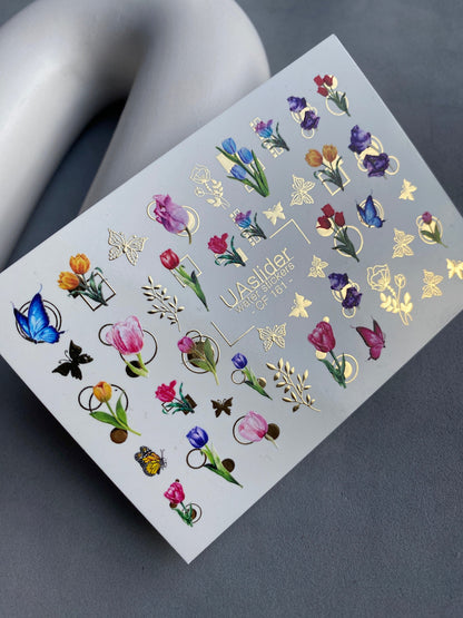 Spring Gold Foil Nail Water Decal / Tulips / Flowers / Spring Nails